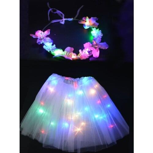 2Pcs LED Light Up Girls Fairy Christmas Costume Sets Colorful Wear Glowing Flower Wreath Headband Star Tutu Skirt New Year Gift