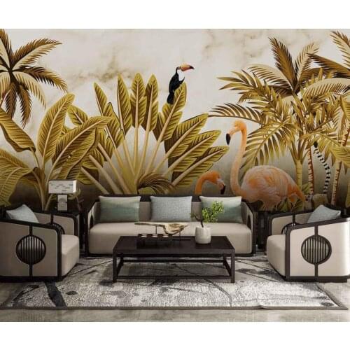 2021 original medieval golden high-definition beautiful atmosphere tropical leaves flamingo cozy and peaceful bedroom background