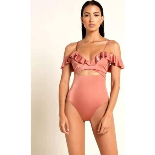 2021 Sexy One Piece Suit Bikini Flash Solid Color Pink Ladies Swimsuit Hollow Strap Design Swimwear Designer Bathing
