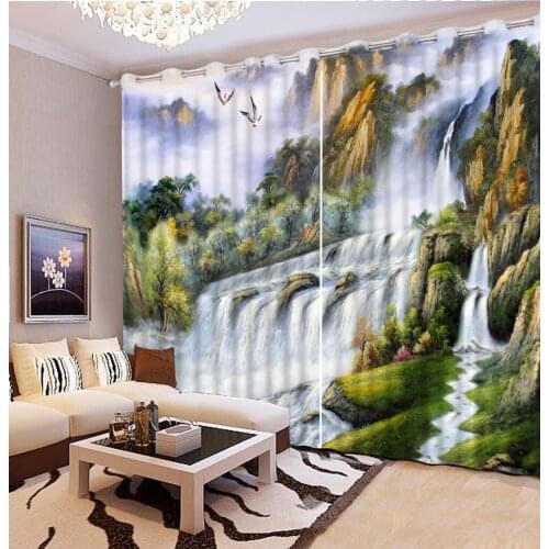 3D Curtain Blackout Shade Window Curtains Oil Painting, Landscape, Waterfall Home Bedroom Decoration Fashion Customized
