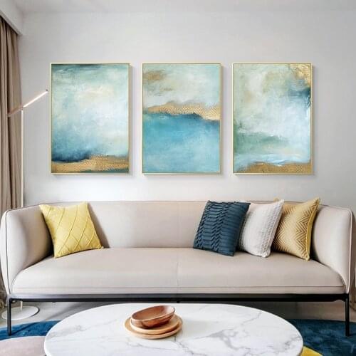 Ocean Abstract Poster Luxury Gloden Teal Wall Art Print Canvas Painting Contemporary Picture Living Room Decoration