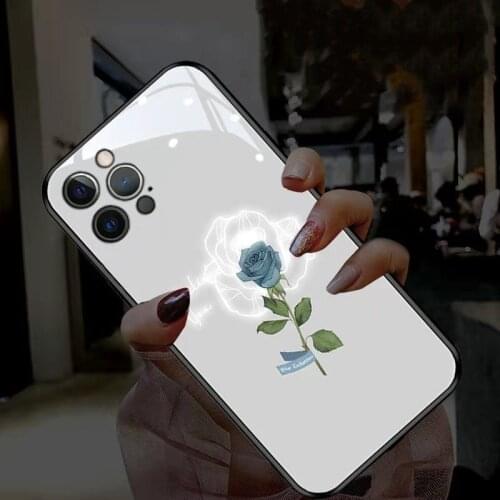 3D Relief Blue Rose Glass Phone Capas for iPhone 11 12 Pro X XS XR 8 7 Plus LED 7 kinds of light color Flash Illuminate Fundas