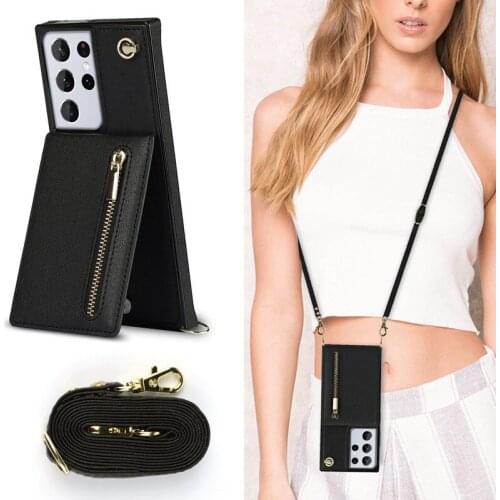 Wallet Leather phone case For Samsung S21 Ultra Shoulder Strap Card Slot Cover for iSamsung Note 20 S20 Ultra S10 S9 Armor Coque