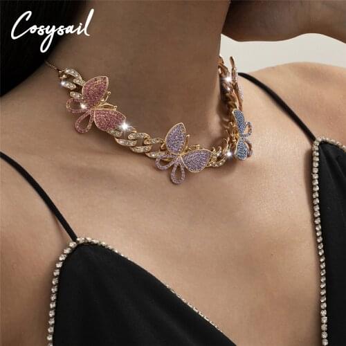 Cosysail Shiny Rhinestone Butterfly Choker Necklace Hip hop Crystal Miami Cuban Chain Necklace for Women Party Jewelry Gift