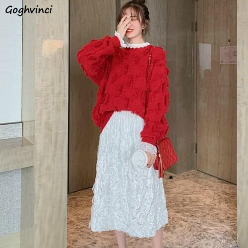 Women Sets 3 Piece Red Knitted O-neck Loose Sweaters Lace Sweet Lovely Basic New Arrival High Waist Skirts Elegant Ladies French