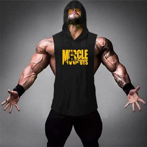 Muscle Guys Bodybuilding Stringer Tank Top with hooded Mens Gyms Clothing Fitness Sleeveless Hoodie Vest Cotton Singlets Tankops