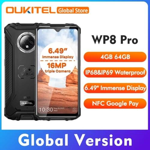 OUKITEL WP8 Pro NFC 6.49"HD+ 19.5:9 Android 10.0 MT6762D Octa Core 5000mAh 16MP Triple Cameras 4GB 64GB IP68 Rugged Mobile Phone