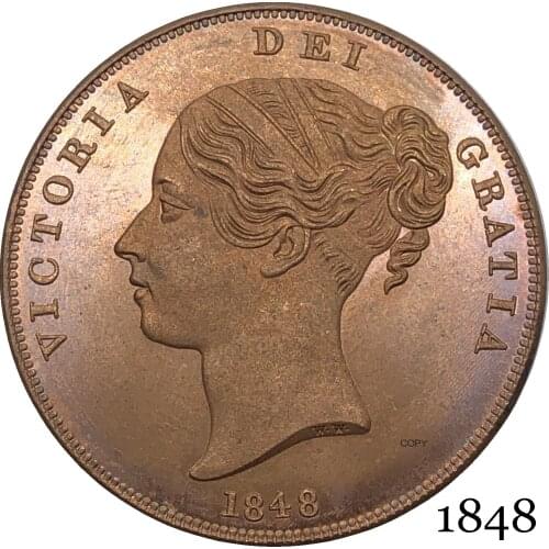 United Kingdom 1848 Victoria 1 One Penny UK Queen Red Copper Copy Coins Great Britain Bronze Portrait Coin With Smooth Edge