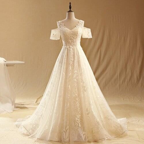 Vestido De Noiva Renda New Arrive V-neck Backless Short Sleeve Beading Pearls Sheath Wedding Dress Turkey Online Shop China