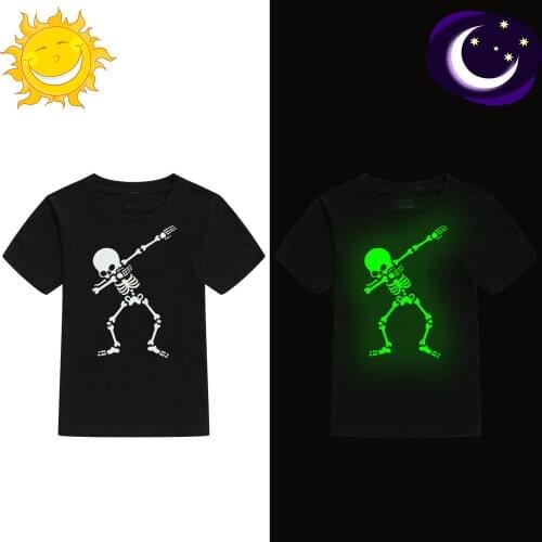 Glow In Darkness Dabbing Skull Cool T Shirt for Kids Boys Girls Summer T-shirt Children Hip Hop Rock Tshirt 0-10 Years