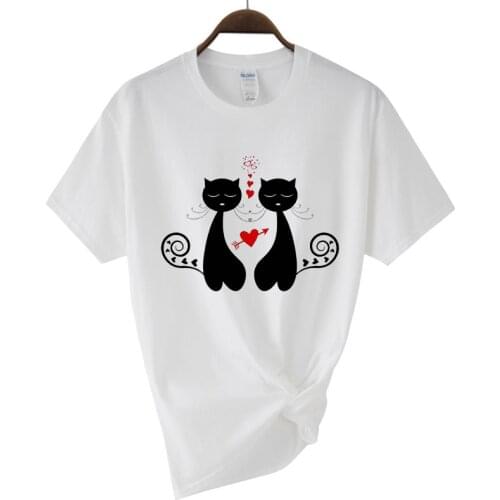 Street Womens 100% Cotton Summer T-shirt Creative Love Print Womens T-shirt Black Cat Graphic Top Short Sleeve T-shirt Top