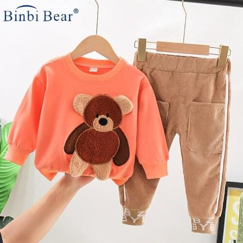 Spring Autumn Childrens Suit Korean Cartoon Three-dimensional Bear T-shirt Corduroy Pants Two-piece Girls Boys Kids Clothes