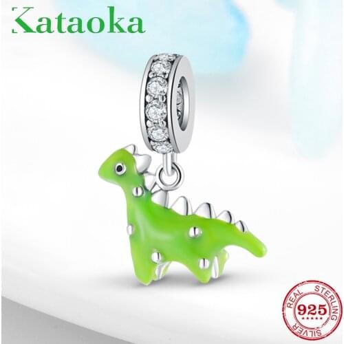 Hot sale 925 Sterling Silver Green enamel Dinosaur beads Fit Original PANDORA Charms Bracelets making