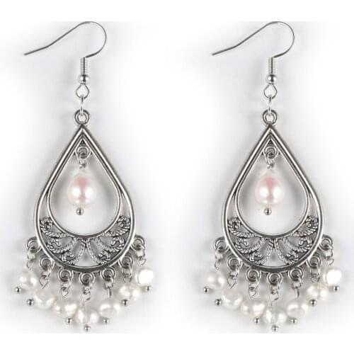 Women Boho Natural Freshwater Pearls Earrings Metal Dorp Pearl Dangled Earring Hoop Hanging Bohemian Healing Jewelry