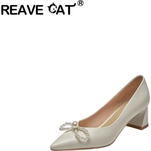 REAVE CATFashion Sweet 2021 Summer Newest High Heel Pumps Pearl Pointed Toe Wedding Party Shoes Woman Heels Size 43 Dress Date