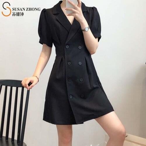 Women Summer Blazer Dress Puff Short Sleeve Female Suit One-Piece Mini Notched Collar Double Breasted Buttons Folds Korean Style