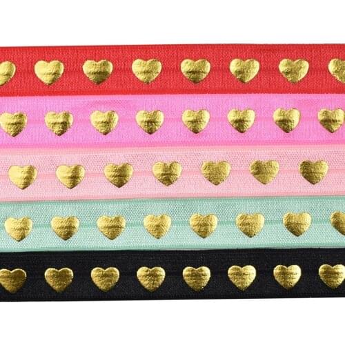 100yards 5/8"16mm Gold foil Valentine Hearts printed FOE fold over elastic heart ribbon welcome custom printed