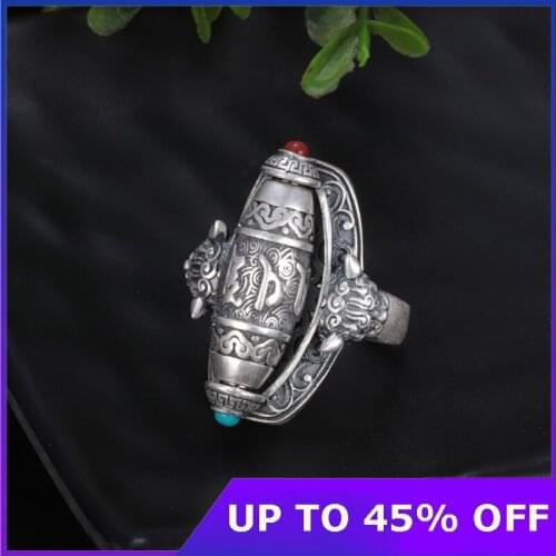 100% 990 Silver Tibetan Turning Wheel Ring Tibetan Six Words Proverb Ring Thai silver Buddhist OM Ring Good Luck Rings Jewelry