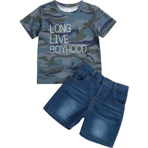 2 Pcs Infant Camouflage Outfits, Baby Boys Letter Print Short Sleeve Round Neck T-shirt + Denim Shorts with Pockets 1-6T