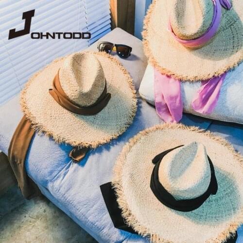 2021 New Natural Women Fedora Jazz Sun Hats with Three-color Long Ribbon Summer Raffia Straw Wide Brim Caps Beach Party Sun Hat