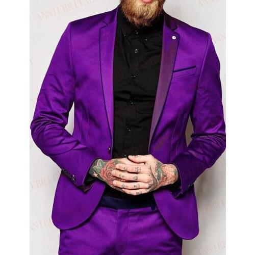 ANNIEBRITNEY Latest Coat Pant Designs Purple Satin Italian Men Suit Prom Tuxedos Slim Fit Groom Suits Custom Shiny Blazer Pants