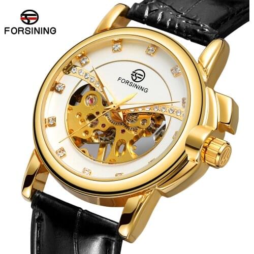 Forsining Mechanical Automatic Womens Watches Diamond Lady reloj hombre Gold Leather Fashion Top Brand Luxury Ladies Watches