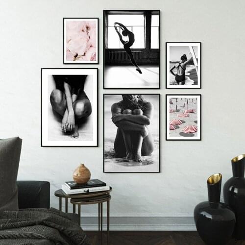 Black and White Swimsuit Women Dancing Girl Canvas Painting On The Wall Pink Flower Pink Striped Umbrella Poster Home Decor