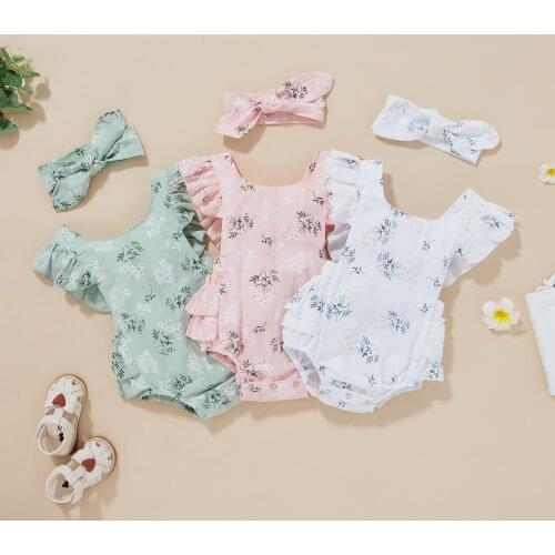 Baby Romper with Hairband, Kids Summer Flower Print Round Collar Fly Sleeve Bodysuit+ Headband, 0-24 Months