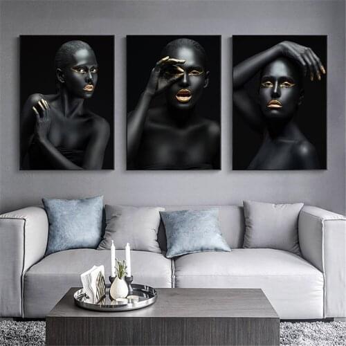 African Art Black and Gold Woman Oil Painting on Canvas Cuadros Posters and Prints Scandinavian Wall Art Picture for Living Room