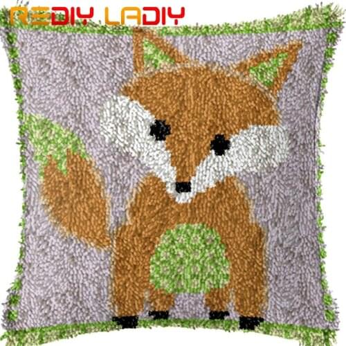 Latch Hook Cushion Cartoon Yellow Fox Pillow Case Pre-Printed Canvas Acrylic Yarn Latched Hook Pillow Crochet Cushion Cover Kits