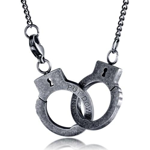 Punk Stainless Steel Black Handcuffs Pendant Necklace For Man Link Chain Accessories Jewelry Boy Gift free shiping