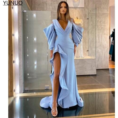 YUNUO Soft Satin Prom Dresses Formal Party Gowns Side Slit Long Sleeves V-neck Evening Dress with Sweep Train robes de soirée