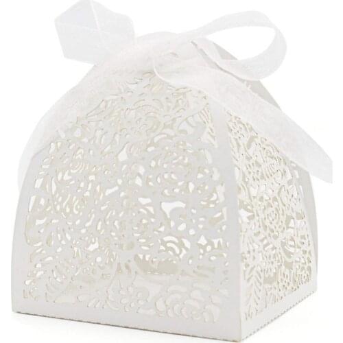 Rose shaped Laser Cut Gift Boxes White/Pink Packaging Box 50pcs/lot Small Candy Cake Box with tag Festive & Party Supplies