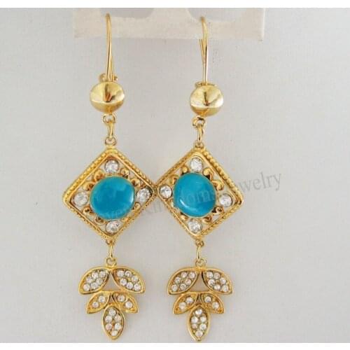 MIN ORDER 10$ can mix design/NEW - YELLOW GOLD OVERLAY STUD DANGLE ENAMEL FLOWER LEAF DANGLER TALL 2.8" EARRING CZ STONE