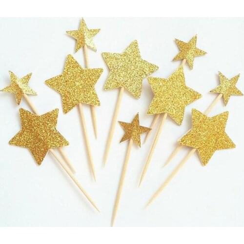 12pcs Two Size Star Gold Star Cupcake Topper - Gold Glitter Cupcake Star - Big and Small Stars Golden Party Picks