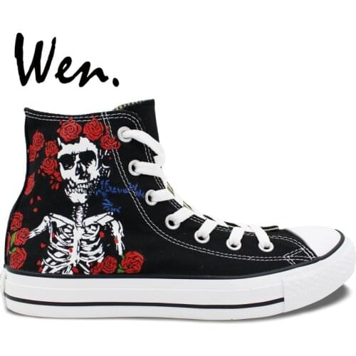 Wen Black Hand Painted Shoes Design Custom Grateful Dead Skull Rose Flower Graffiti Painting High Top Men Women Canvas Sneakers