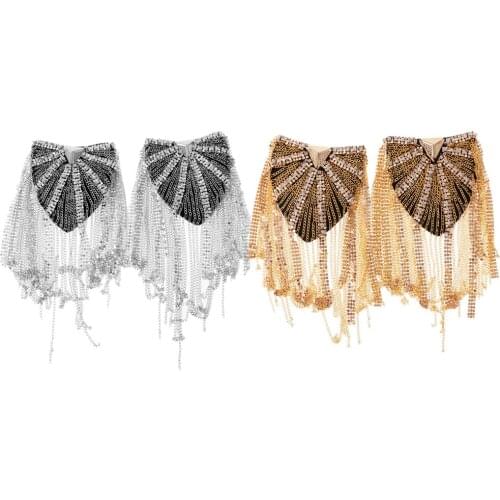 2 Pairs Vintage Party Star Crystal LongTassel Link Chain Epaulet Shoulder Boards Badge
