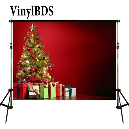VinylBDS Photography Backdrops Christmas Tree Backdrop Arbol De Navidad Madera Gift Box Background Red Stone Wall Backdrops