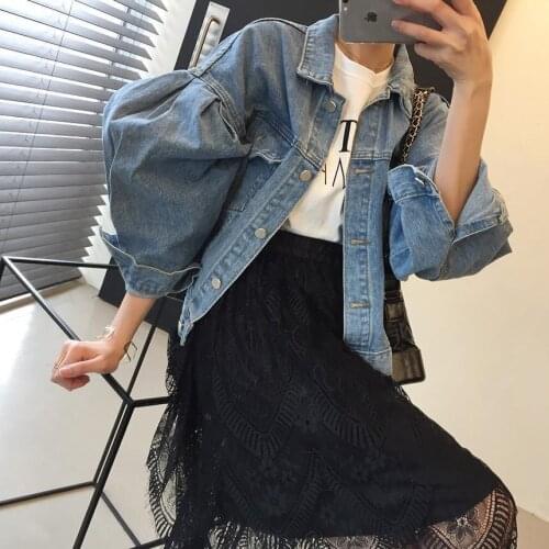 Chic All Match Women Jacket Puff Sleeve Short Vintage 2020 Spring Chaqueta Mujer Korean Pleated Denim Jacket