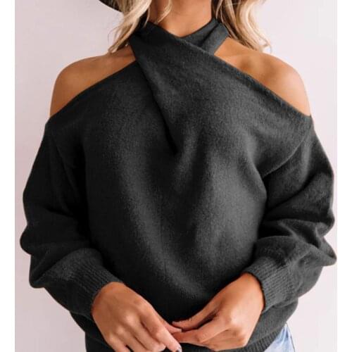Women Casual Sexy V-Neck Knitted Sweater Long Sleeve Shoulderless Shirts Loose Pullover Tunic Top Blouse Clothes