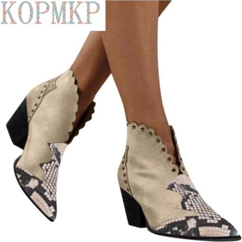 Female Autumn Winter Ankle Boots Slip-On Woman Rivet Boots PU Leather Cowboy Pointed Toe Women Wedge Heel Booties Snake Shoes 43