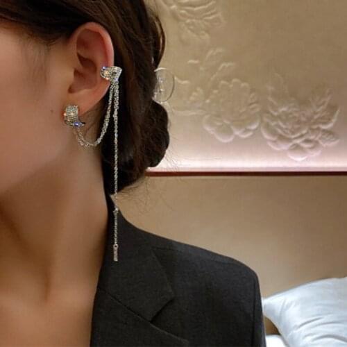 1 Pc Rhinestone Long Tassel Chain Ear Clip Women New Fashion Crystal Zircon Ear Hanging Piercing Earring Jewelry Valentine Gifts