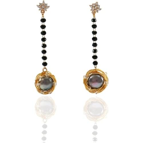 LANFLORA new blak Freshwater Pearl earrings fashion handmade women earrings copper alloy earrings free shipping