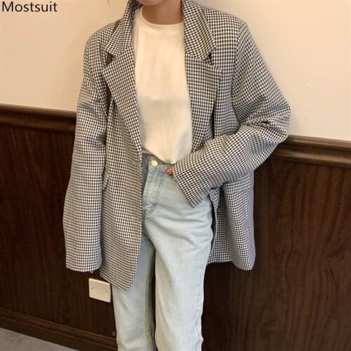 Autumn Winter Women Plaid Blazer Coat Vintage Loose Long Sleeve Single Breasted Turn Down Collar Jackets With Pockets 2020