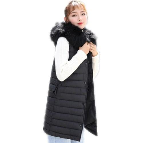 2018 New OL Autumn Winter Womens Vest Female Down Cotton Hooded Fur Collar Waistcoat Button Medium-Long Women Vest Hot SaleQ849
