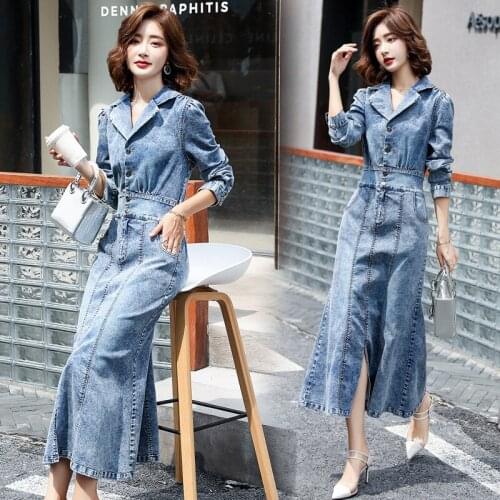 Denim Hip Wrap fishtail dress womens 2020 new spring and autumn suit collar close waist slim fashionable western style over