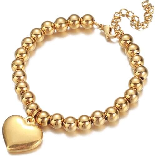 Cute heart Shaped Stainless Steel Bracelet Sweet Round Bead Love gilr Jewelry Woman Gift Girlfriend Wife Mom Family Couple Gift