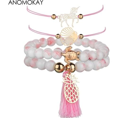 DROPSHIPPING Handwork Pink Rope Chian Link Wrap Bracelet European American Trendy Pineapple Unicorn Shell Bracelet Set for Women
