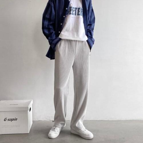 Summer Ice Silk Pleated Pants Mens Korean Fashion Loose Solid Color Casual Pants Mens Harajuku Streetwear Drawstring Pants Men