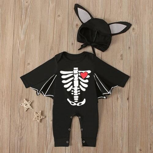 0-24 Months Baby Halloween Skull And Heart-Shaped Printed Bat Two-Piece Suit Black Printed Pattern Bat Sleeve Jumpsuit And Hat